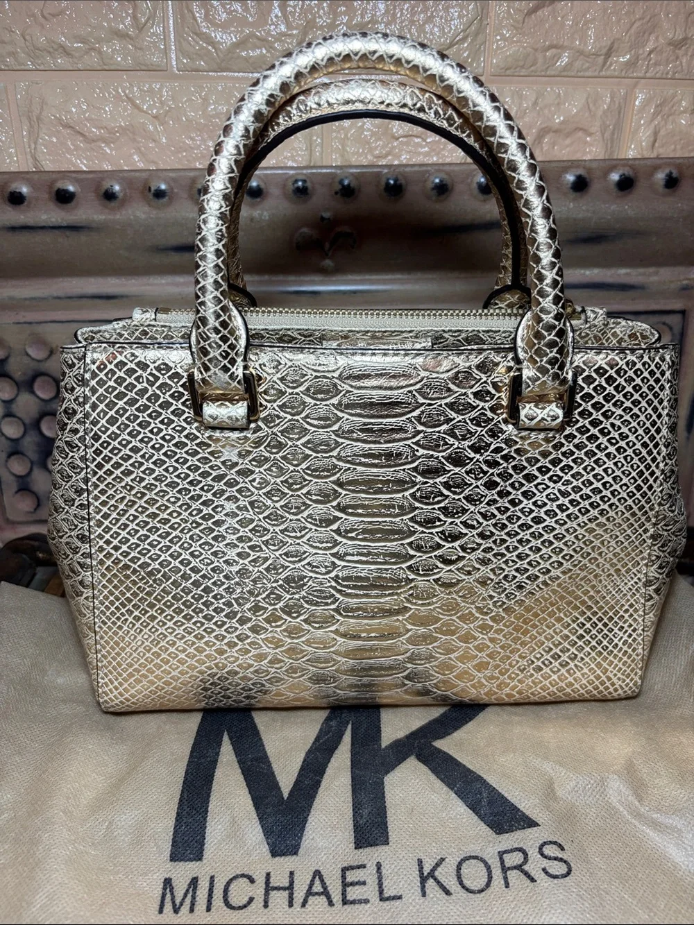 MICHAEL Michael Kors Metallic Gold Snakeskin Satchel w Dust Bag, Gold Tone Charm